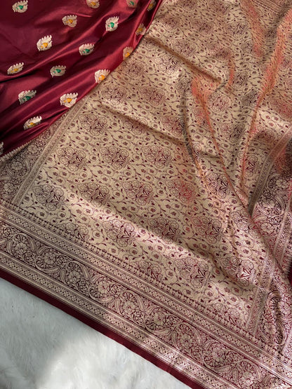 Deep Maroon Minakari Boota Pattern Mashru Silk Saree