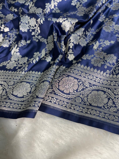 Navy Blue Floral Jaal Pattern Mashru Silk Saree
