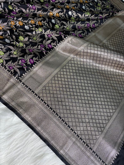 Minakari Black Banarasi Mashru Silk Saree