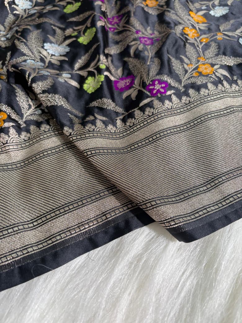 Minakari Black Banarasi Mashru Silk Saree