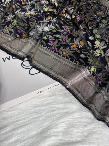 Minakari Black Banarasi Mashru Silk Saree