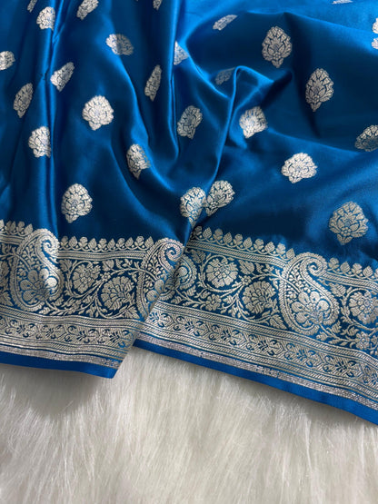 Peacock Blue Satin Katan Silk Saree