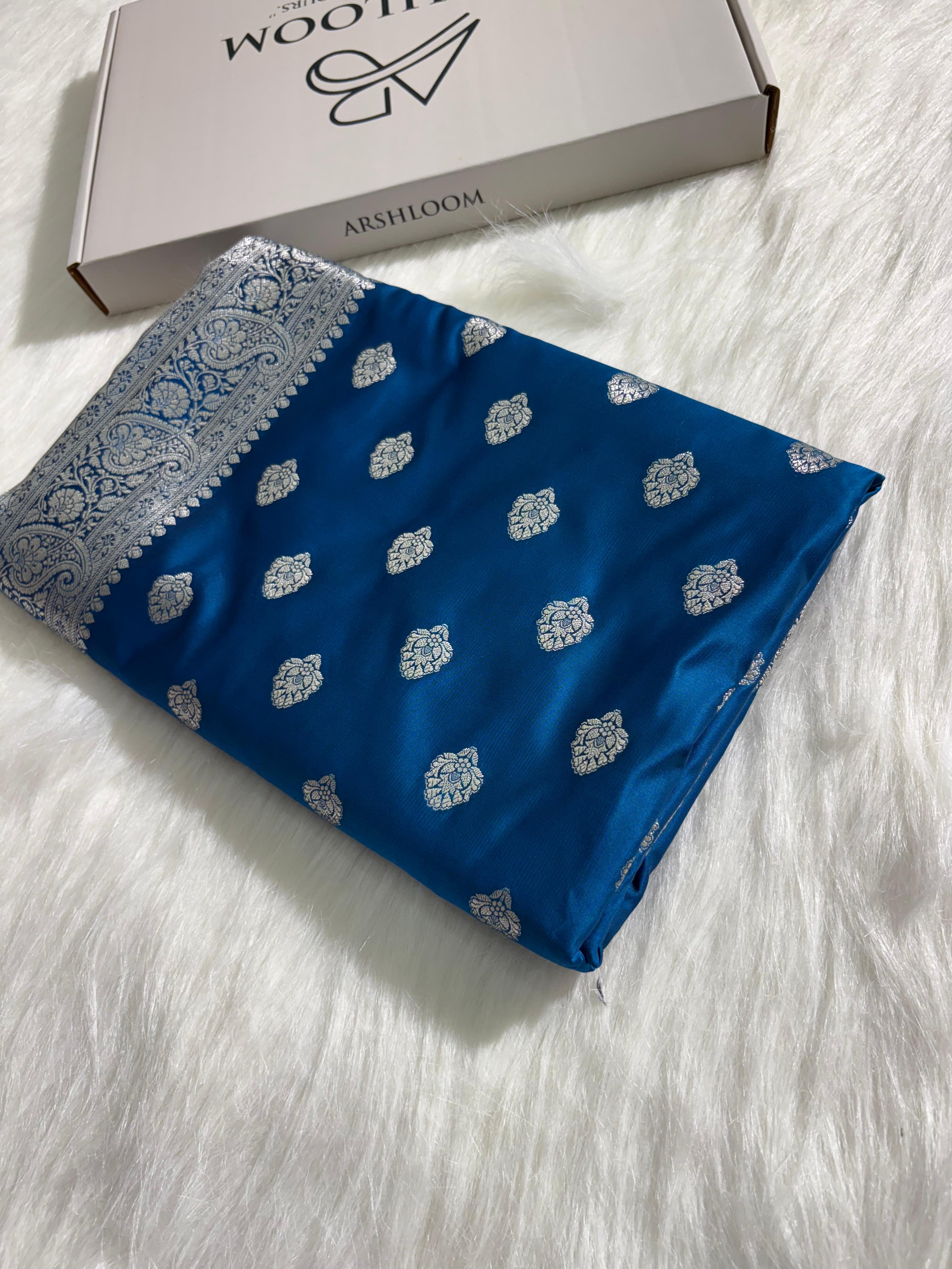 Peacock Blue Satin Katan Silk Saree