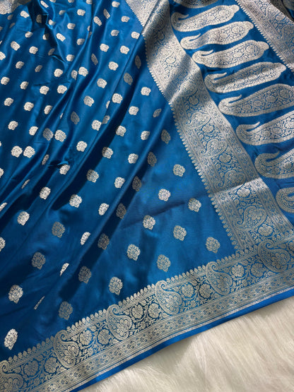 Peacock Blue Satin Katan Silk Saree