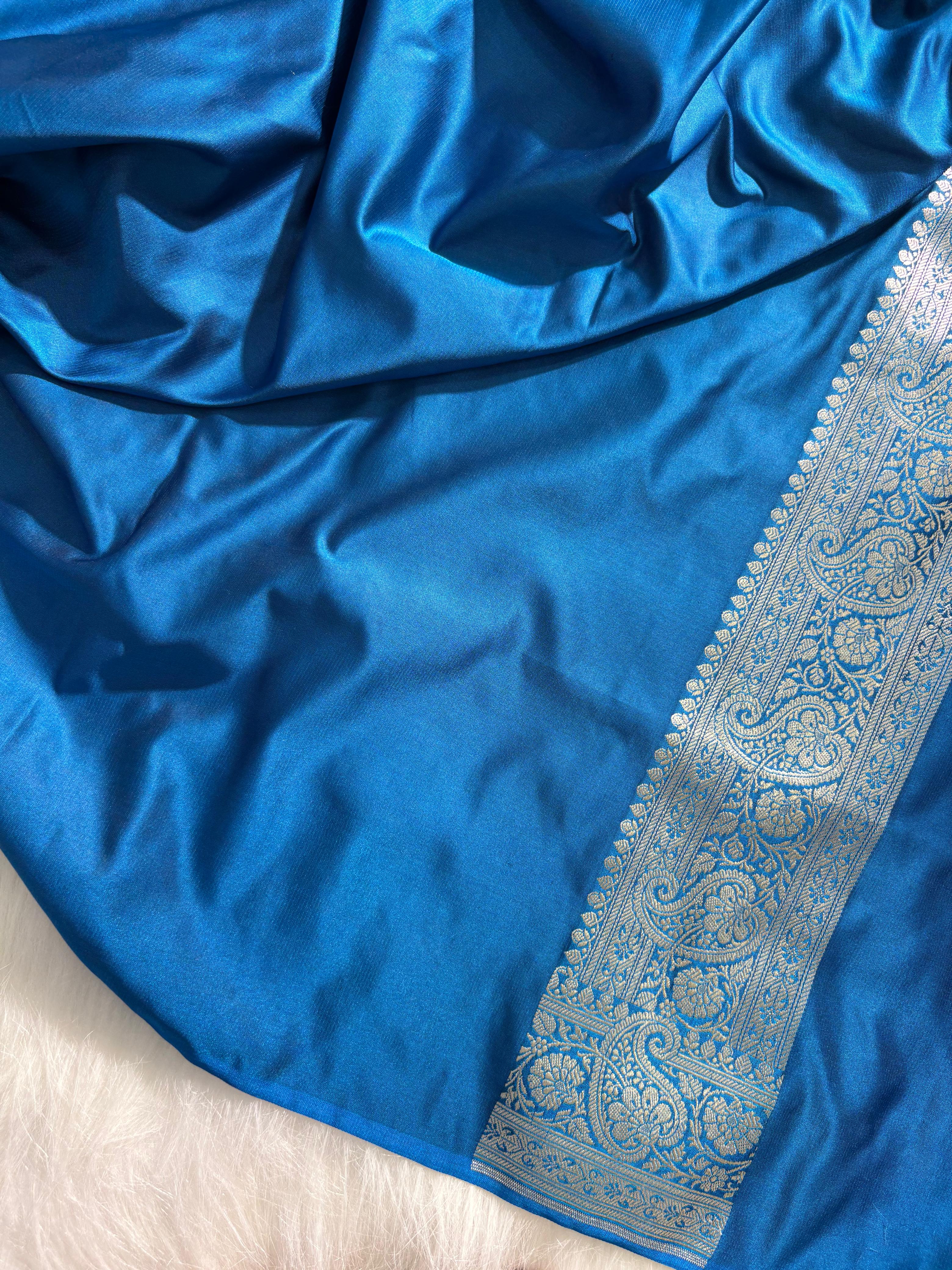 Peacock Blue Satin Katan Silk Saree