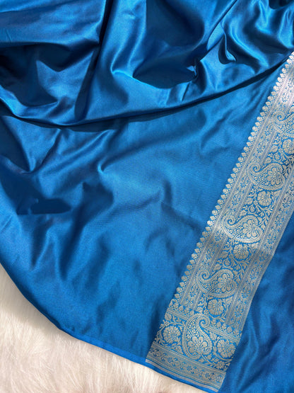 Peacock Blue Satin Katan Silk Saree