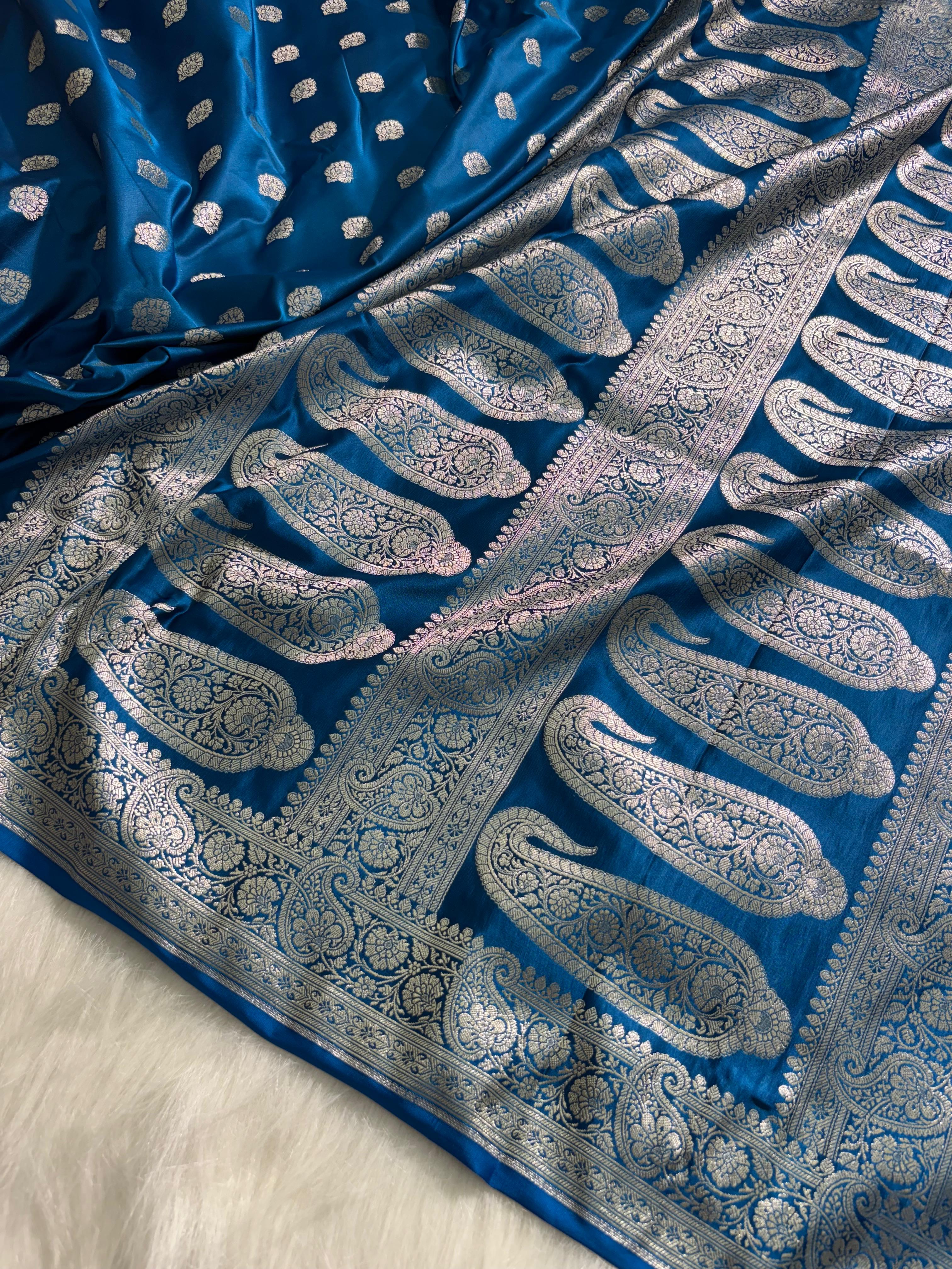 Peacock Blue Satin Katan Silk Saree