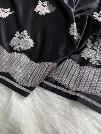 Black Floral Boota Scallop Mashru Silk Saree