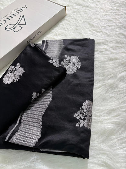 Black Floral Boota Scallop Mashru Silk Saree