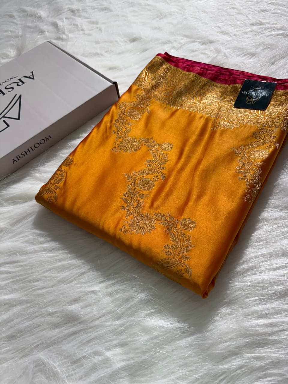 Mustard Floral Cross Jaal Pattern Mashru Silk Saree