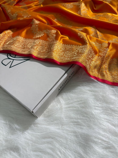 Mustard Floral Cross Jaal Pattern Mashru Silk Saree