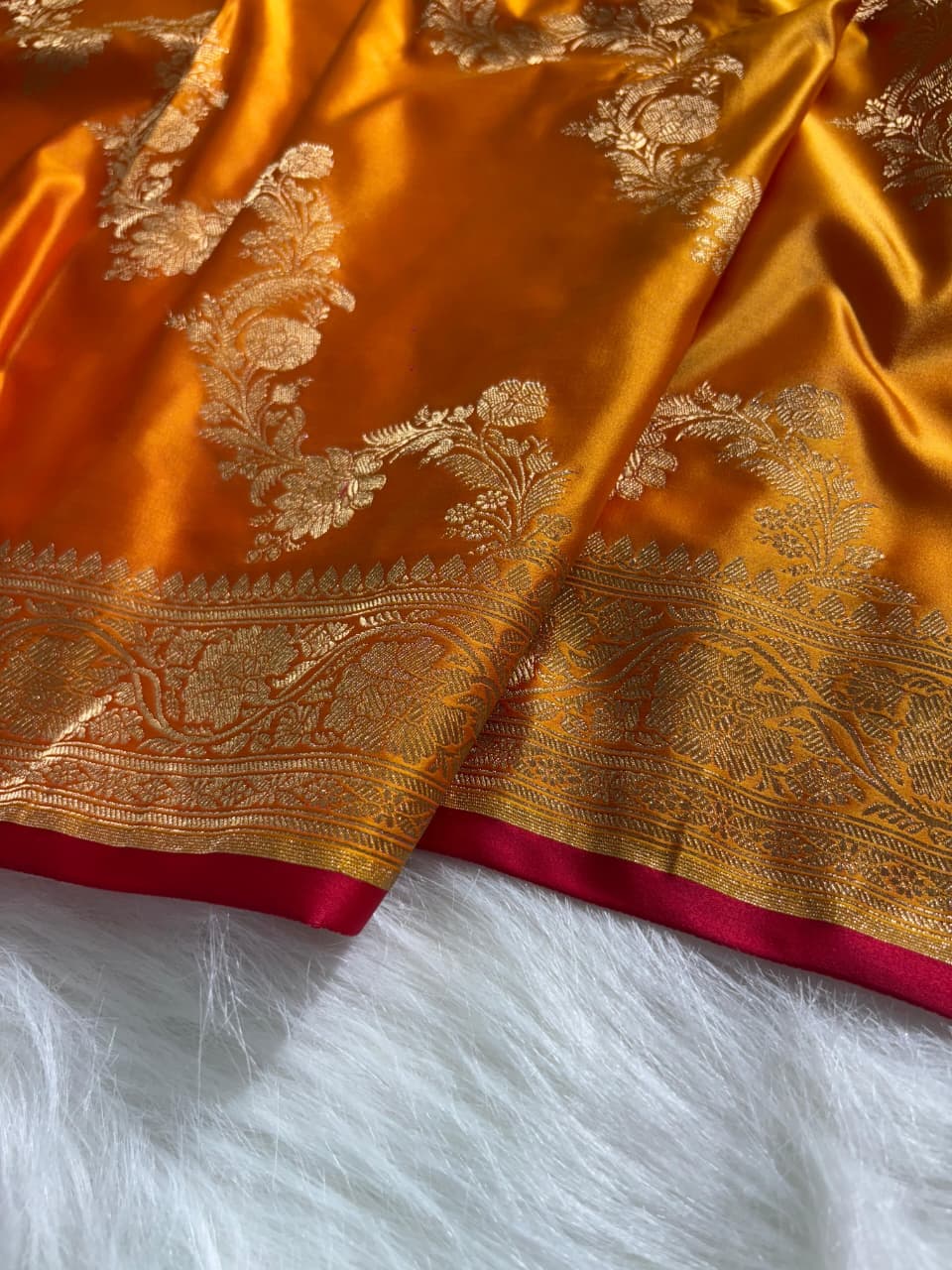 Mustard Floral Cross Jaal Pattern Mashru Silk Saree