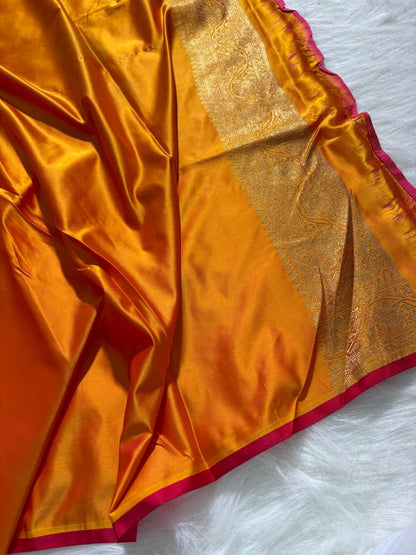 Mustard Floral Cross Jaal Pattern Mashru Silk Saree