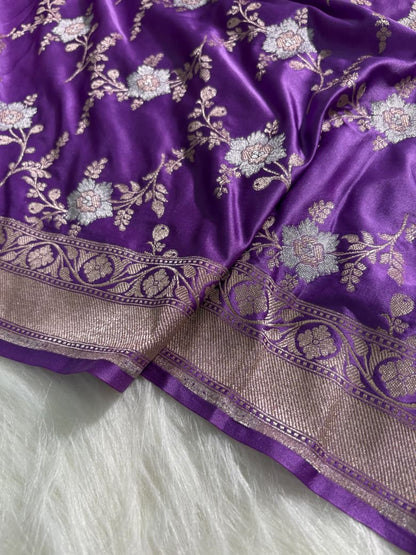 Lavender Floral Jaal Pattern Mashru Silk Saree
