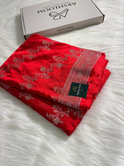 Red Cross Jaal Floral Pattern Mashru Silk Saree