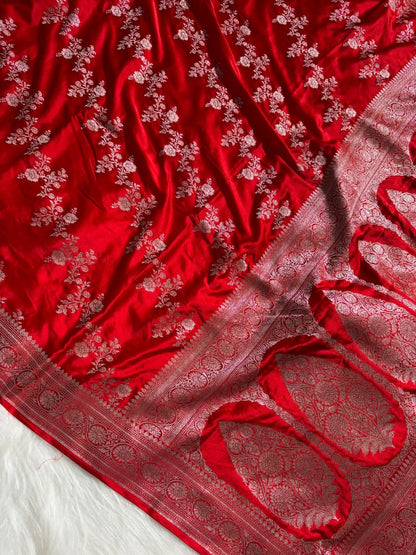 Red Cross Jaal Floral Pattern Mashru Silk Saree