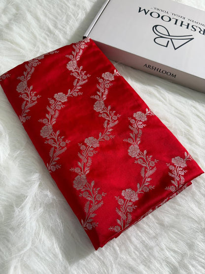 Red Floral Cross Jaal Pattern Mashru Silk Saree