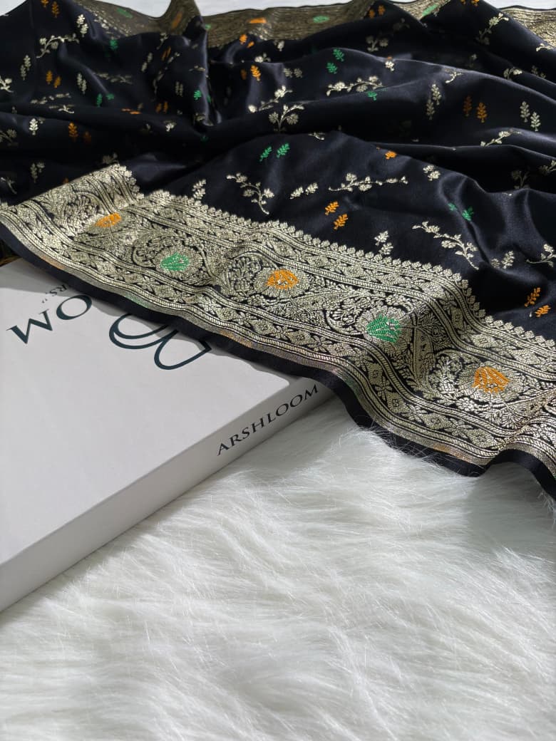 Black Floral Minakari Mashru Silk Saree