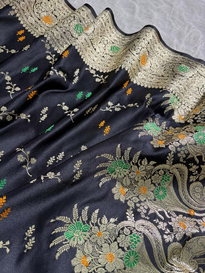 Black Floral Minakari Mashru Silk Saree