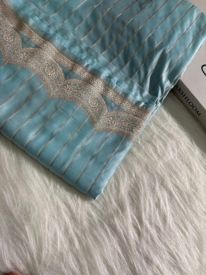 Powder Blue Scallop Strip Mashru Silk Banarasi Saree