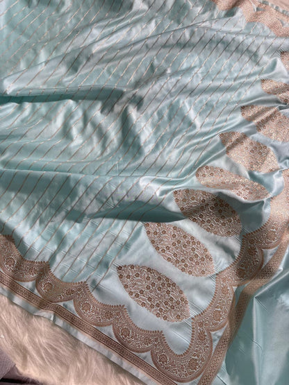 Powder Blue Scallop Strip Mashru Silk Banarasi Saree