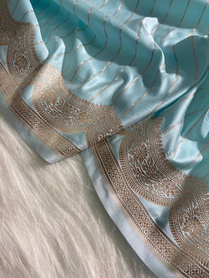 Powder Blue Scallop Strip Mashru Silk Banarasi Saree