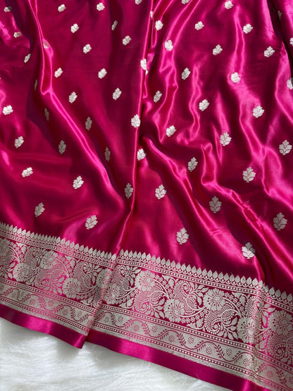 Rani Floral Booti Pattern Satin Katan Silk Saree