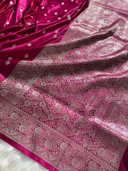 Rani Floral Booti Pattern Satin Katan Silk Saree