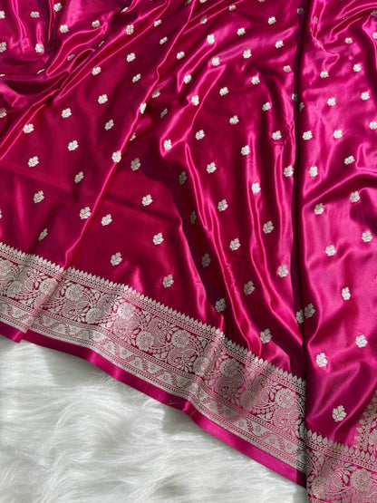 Rani Floral Booti Pattern Satin Katan Silk Saree