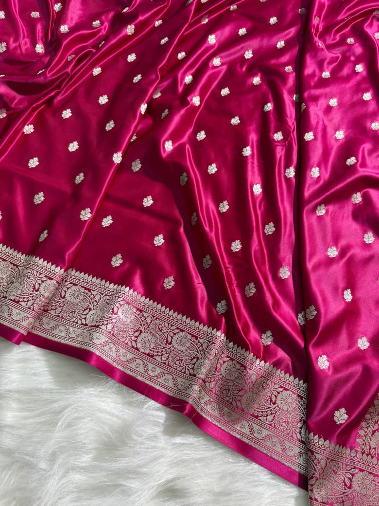 Rani Floral Booti Pattern Satin Katan Silk Saree