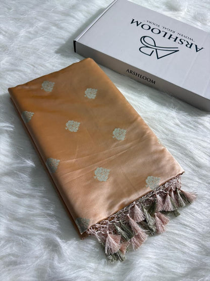 Caramel Beige Floral Booti Satin Katan Silk Saree