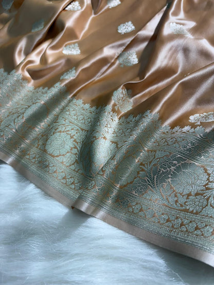 Caramel Beige Floral Booti Satin Katan Silk Saree