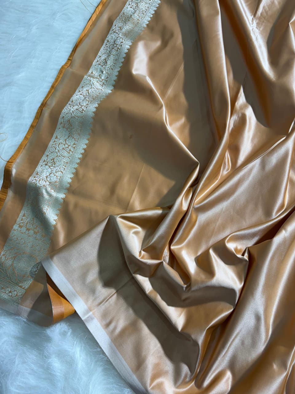 Caramel Beige Floral Booti Satin Katan Silk Saree
