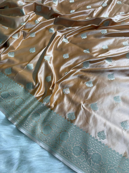 Caramel Beige Floral Booti Satin Katan Silk Saree