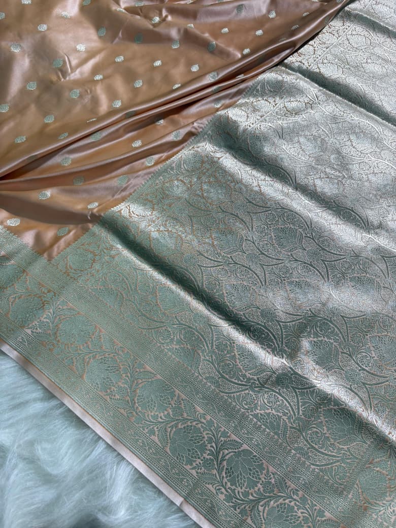 Caramel Beige Booti Satin Katan Silk Saree