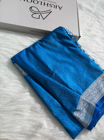 Majestic Blue Floral Tanchoi Mashru Silk Saree