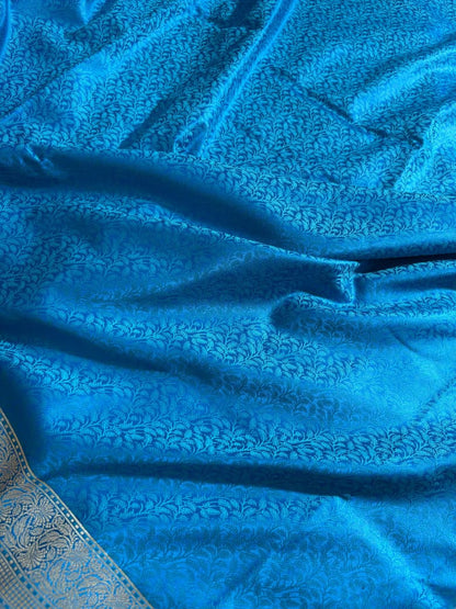 Majestic Blue Floral Tanchoi Mashru Silk Saree