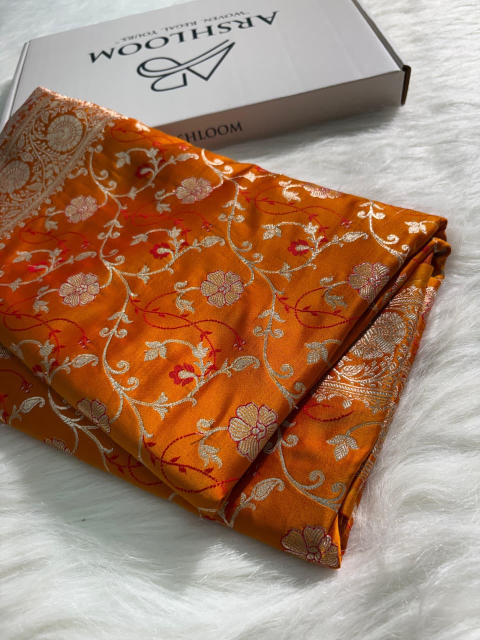 Tangerine Orange Minakari Floral Pattern Mashru Silk Saree