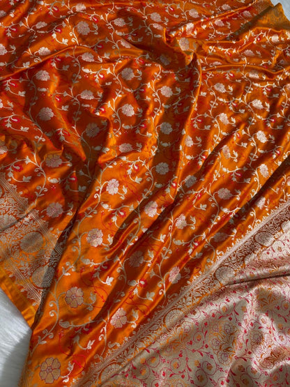 Tangerine Orange Minakari Floral Pattern Mashru Silk Saree