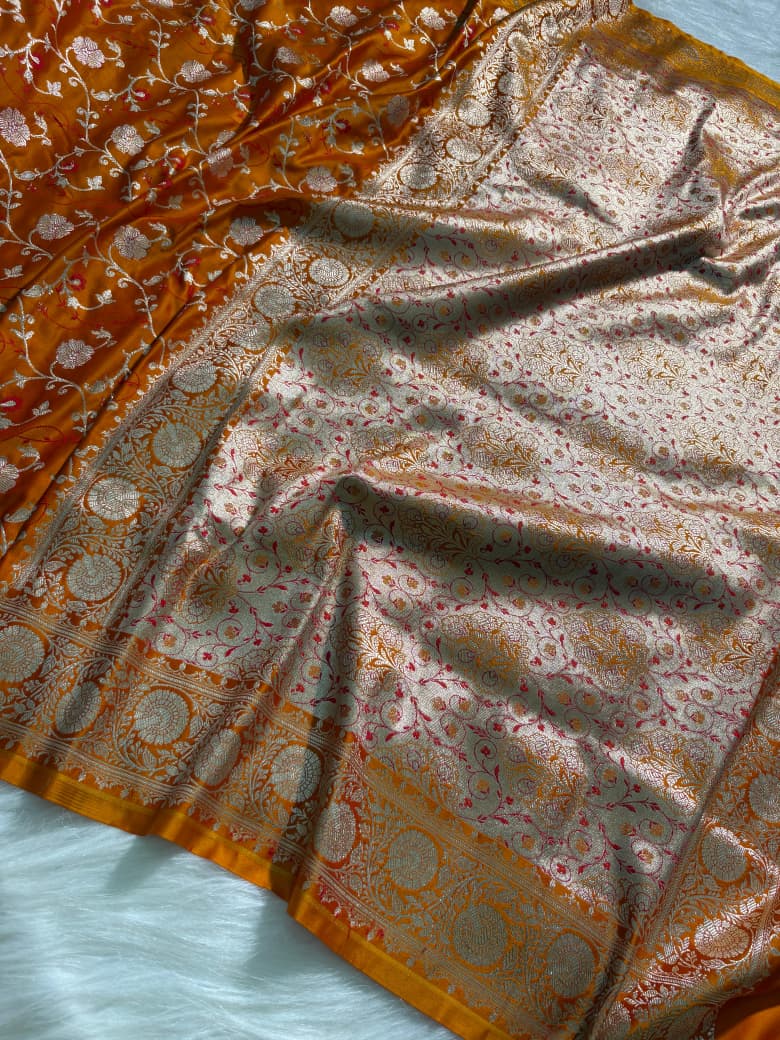 Tangerine Orange Minakari Floral Pattern Mashru Silk Saree