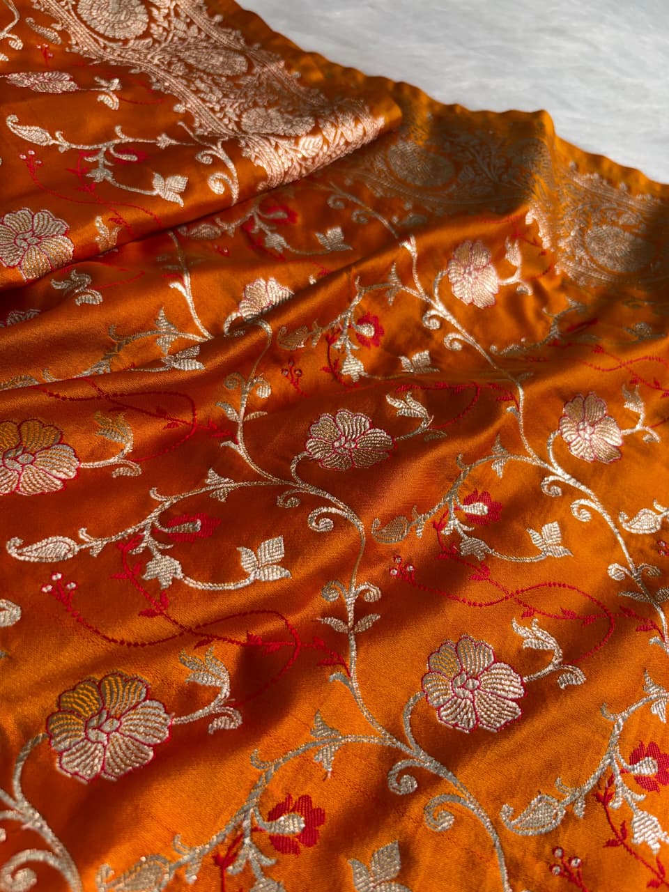 Tangerine Orange Minakari Floral Pattern Mashru Silk Saree