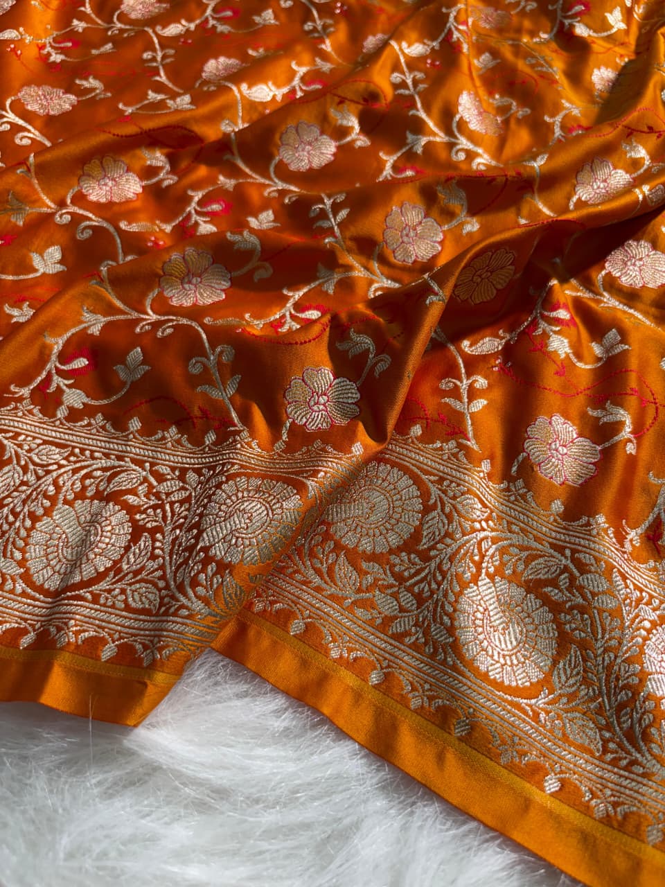 Tangerine Orange Minakari Floral Pattern Mashru Silk Saree