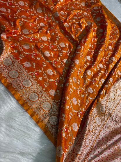 Tangerine Orange Minakari Floral Pattern Mashru Silk Saree