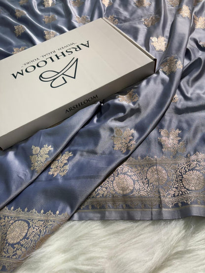 Grayish Blue Floral Pattern Mashru Silk Saree