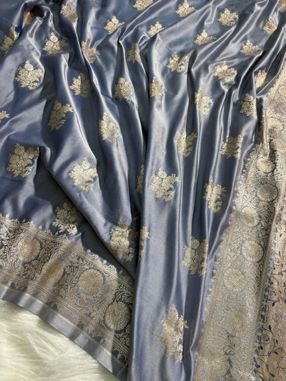 Grayish Blue Floral Pattern Mashru Silk Saree