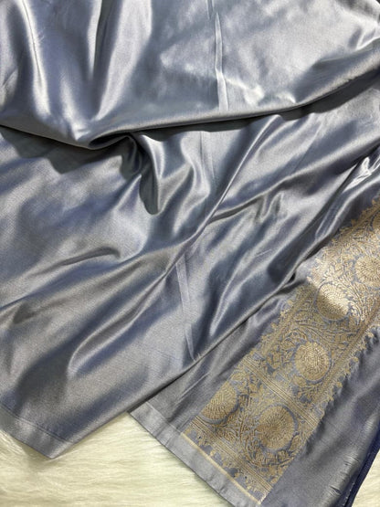 Grayish Blue Floral Pattern Mashru Silk Saree