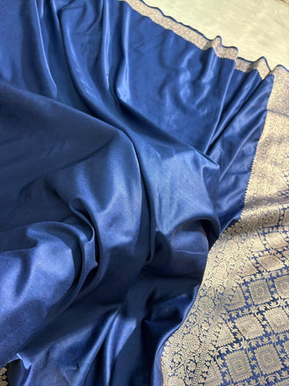 Navy Blue Plain Pattern Mashru Silk Saree