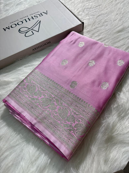 Baby Pink Floral Booti Satin Silk Saree