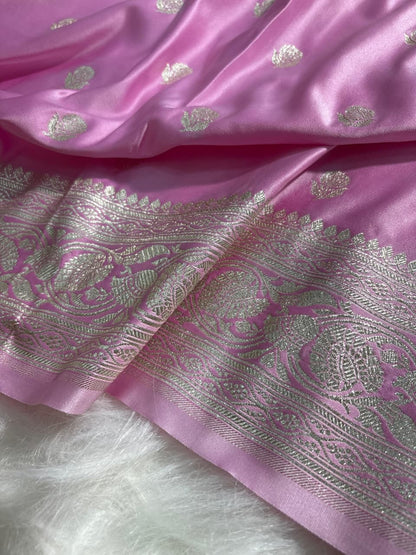 Baby Pink Floral Booti Satin Silk Saree