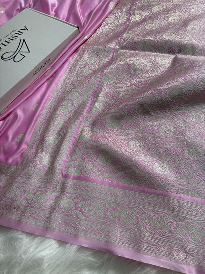 Baby Pink Floral Booti Satin Silk Saree